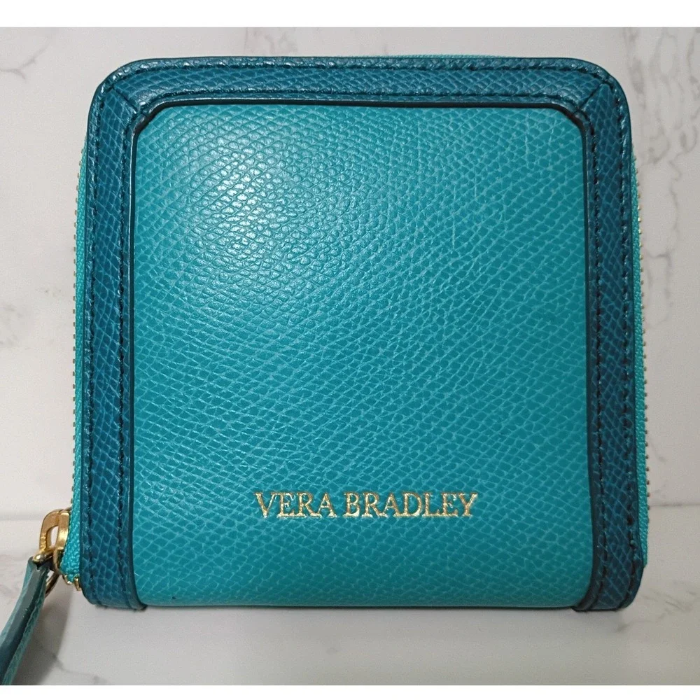 VERA BRADLEY Turquoise & Teal Leather Compact Zip-Around Wallet - EUC